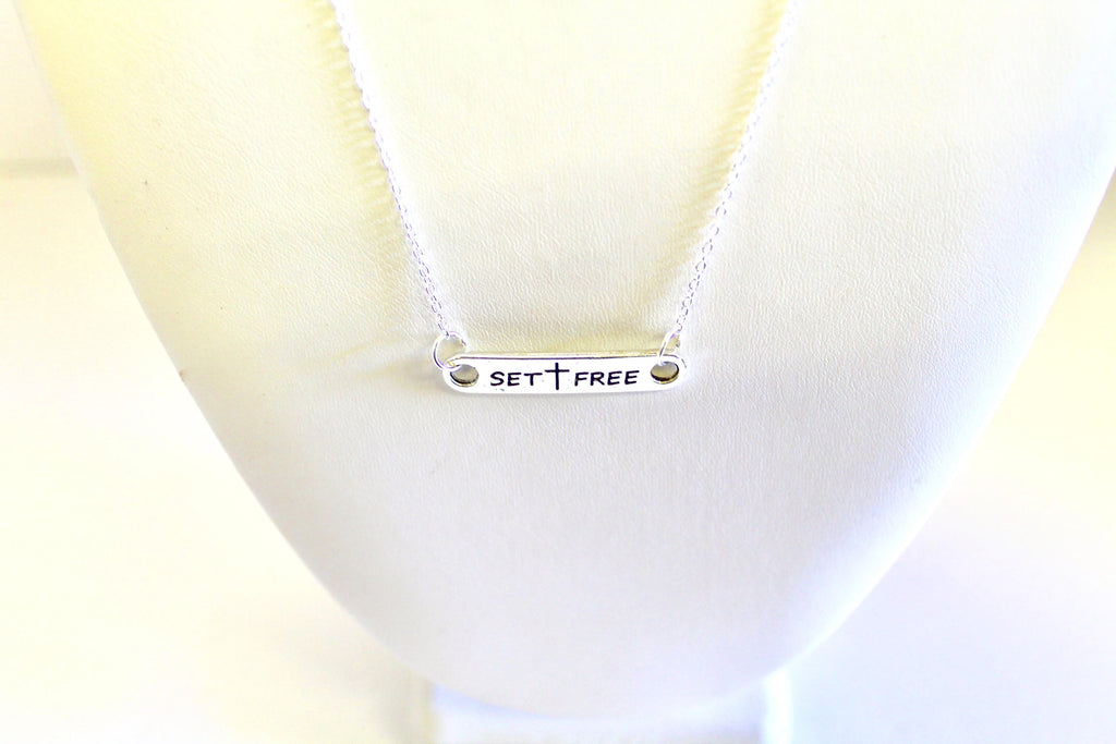 Set Free Cross Pendant Bar Necklace — Baptism Gift