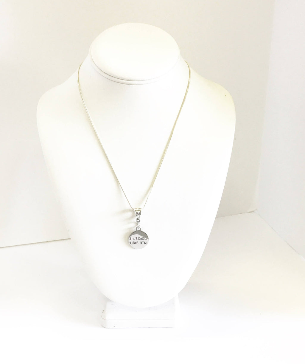 He Walks With Me Stainless Steel Laser Engraved Pendant Necklace, Religious Comfort Jewelry Gift For Her, Sympathy Christian Baptism Jewelry