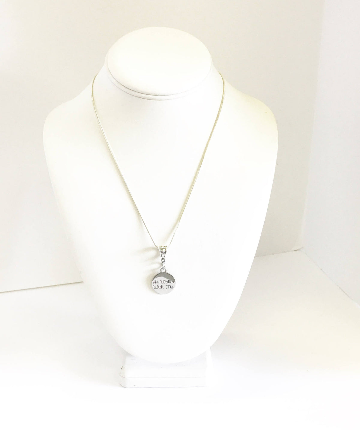 He Walks With Me Stainless Steel Laser Engraved Pendant Necklace, Religious Comfort Jewelry Gift For Her, Sympathy Christian Baptism Jewelry