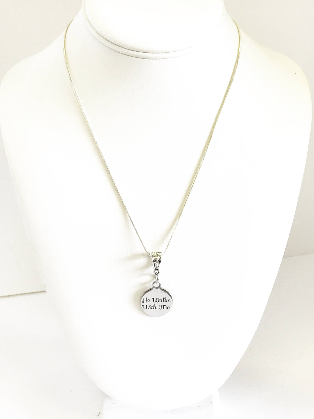 He Walks With Me Stainless Steel Laser Engraved Pendant Necklace, Religious Comfort Jewelry Gift For Her, Sympathy Christian Baptism Jewelry
