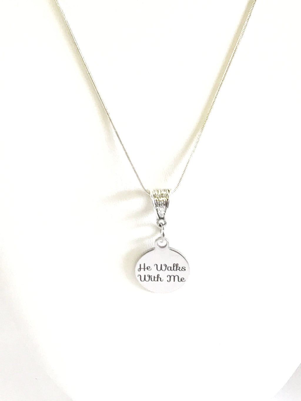 He Walks With Me Stainless Steel Laser Engraved Pendant Necklace, Religious Comfort Jewelry Gift For Her, Sympathy Christian Baptism Jewelry