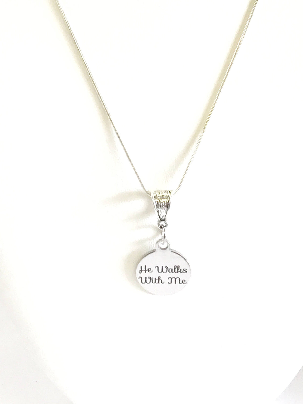 He Walks With Me Stainless Steel Laser Engraved Pendant Necklace, Religious Comfort Jewelry Gift For Her, Sympathy Christian Baptism Jewelry