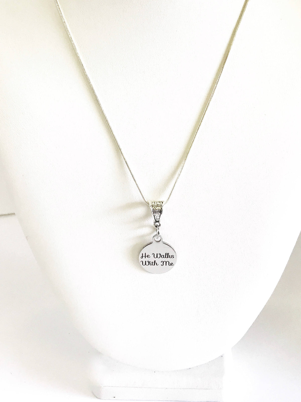 He Walks With Me Stainless Steel Laser Engraved Pendant Necklace, Religious Comfort Jewelry Gift For Her, Sympathy Christian Baptism Jewelry