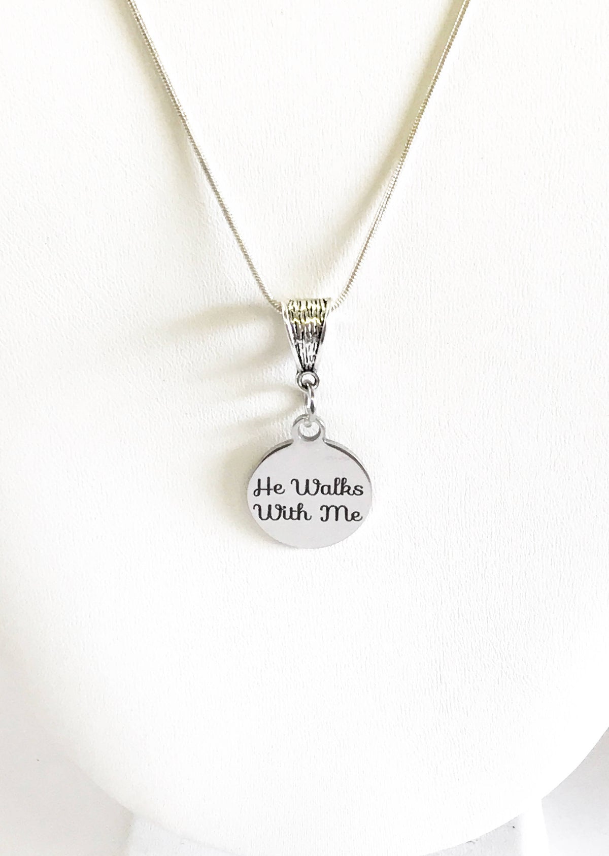 He Walks With Me Stainless Steel Laser Engraved Pendant Necklace, Religious Comfort Jewelry Gift For Her, Sympathy Christian Baptism Jewelry