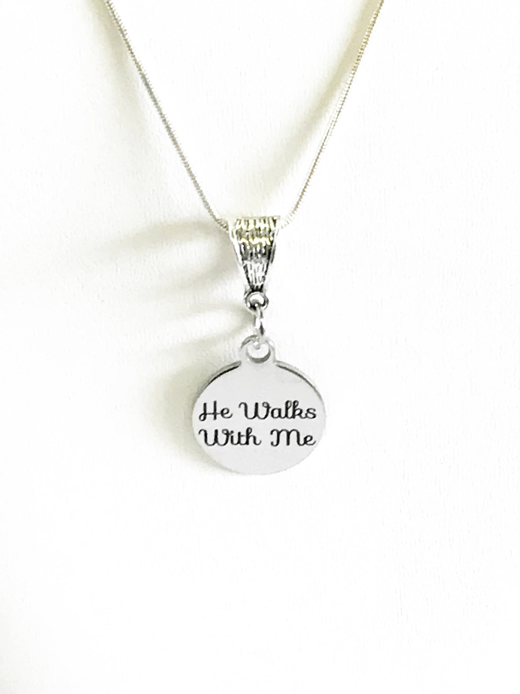 He Walks With Me Stainless Steel Laser Engraved Pendant Necklace, Religious Comfort Jewelry Gift For Her, Sympathy Christian Baptism Jewelry