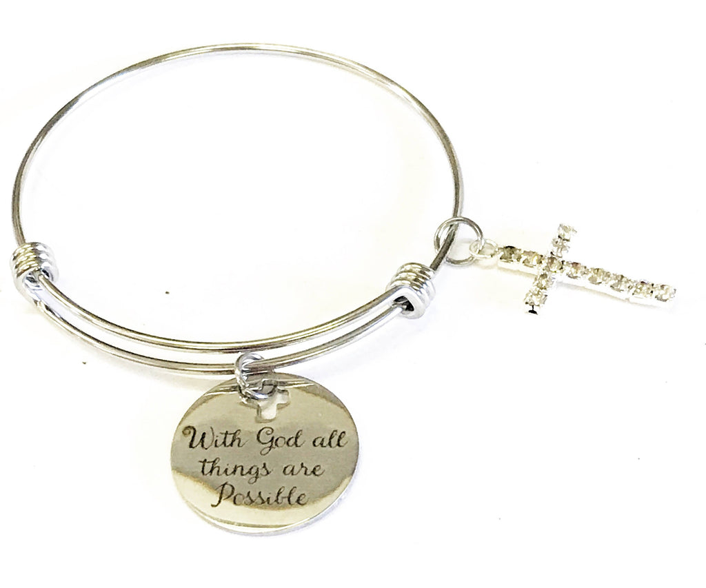 With God All Things Are Possible Cross Charm Expanding Bangle Bracelet, Girlfriend Gift for Her, Scripture Gift For Mom, Bible Verse Jewelry