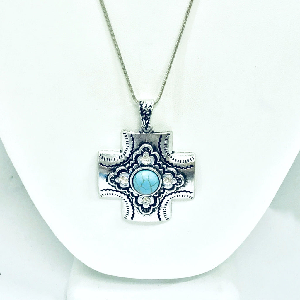 Southwestern Style Cross Necklace, Silvertone Cross Pendant, Christian Cowgirl, Chunky Cross Pendant, Gift For Her, Statement Necklace Gift