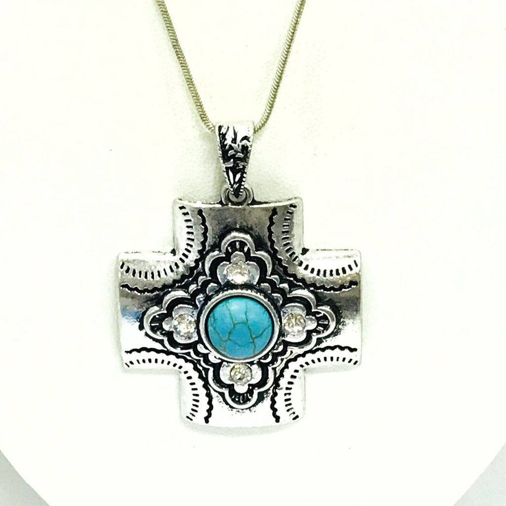Southwestern Style Cross Necklace, Silvertone Cross Pendant, Christian Cowgirl, Chunky Cross Pendant, Gift For Her, Statement Necklace Gift