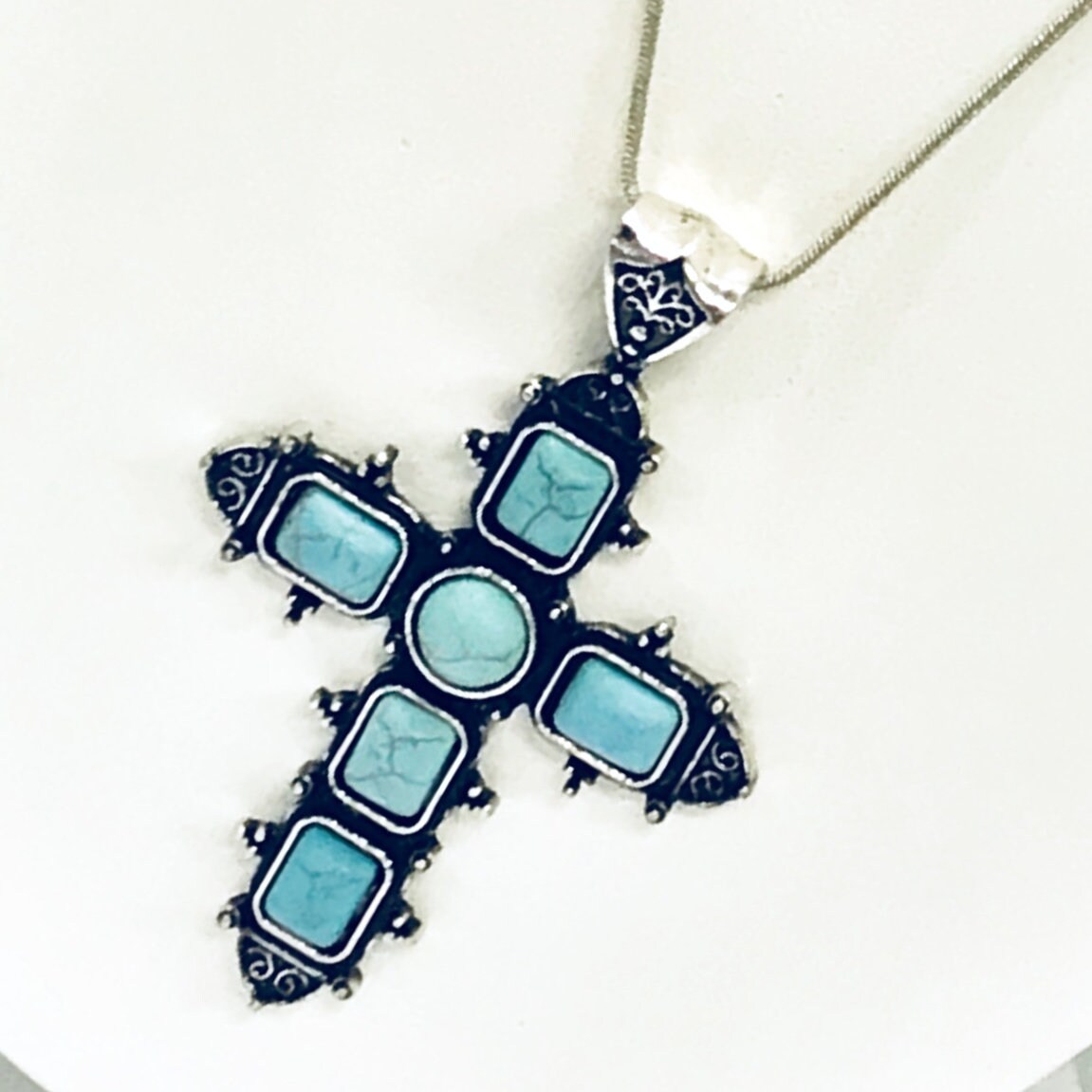 Southwestern Style Cross Necklace, Silvertone Turquoise Cross Pendant, Christian Cowgirl Statement Necklace, Chunky Cross, Gift For Her