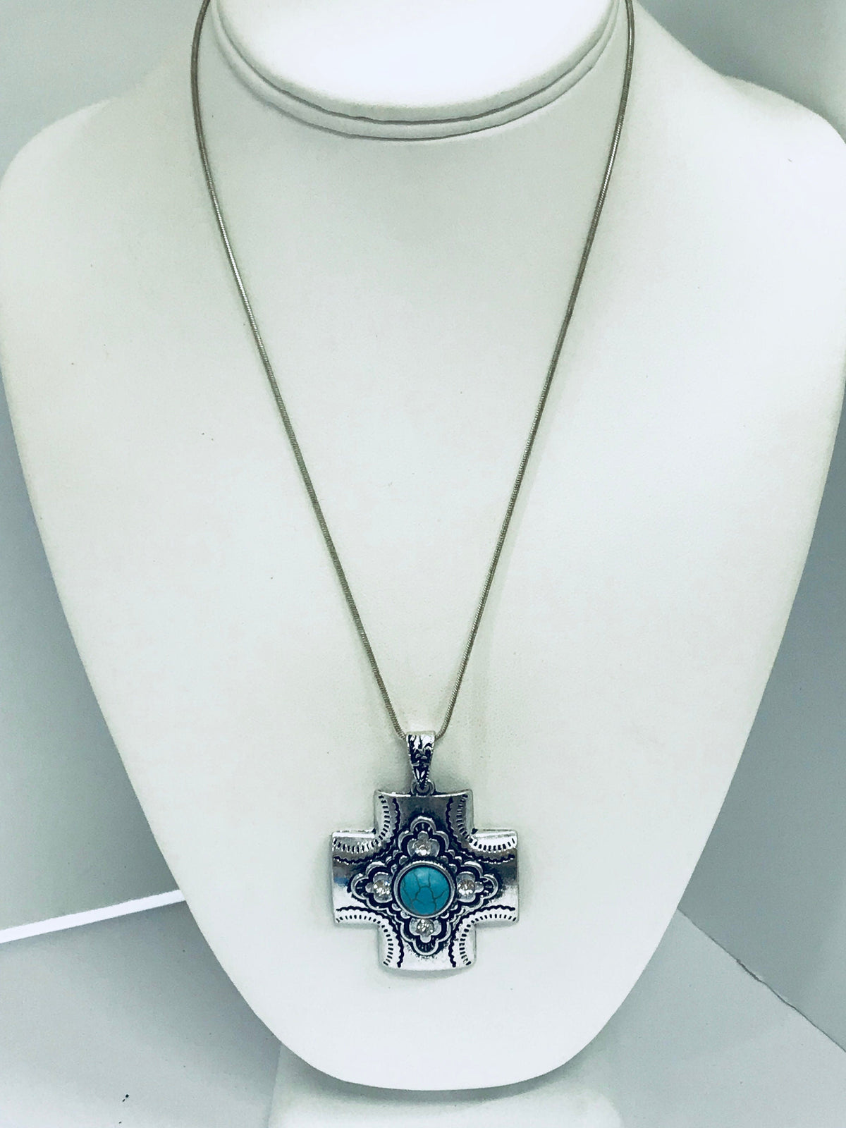 Southwestern Style Cross Necklace, Silvertone Cross Pendant, Christian Cowgirl, Chunky Cross Pendant, Gift For Her, Statement Necklace Gift