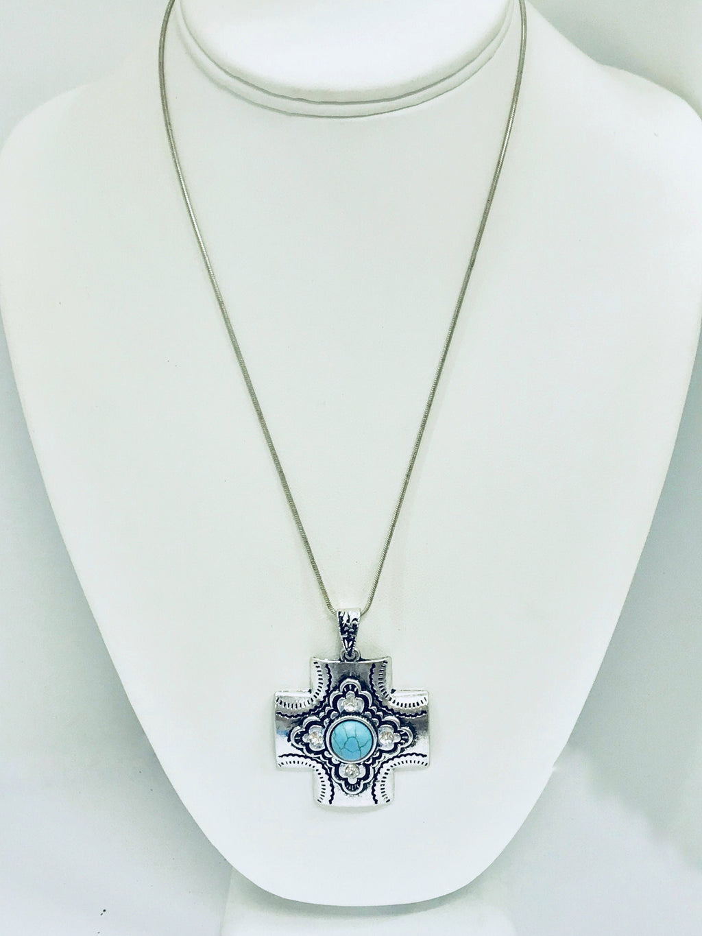Southwestern Style Cross Necklace, Silvertone Cross Pendant, Christian Cowgirl, Chunky Cross Pendant, Gift For Her, Statement Necklace Gift