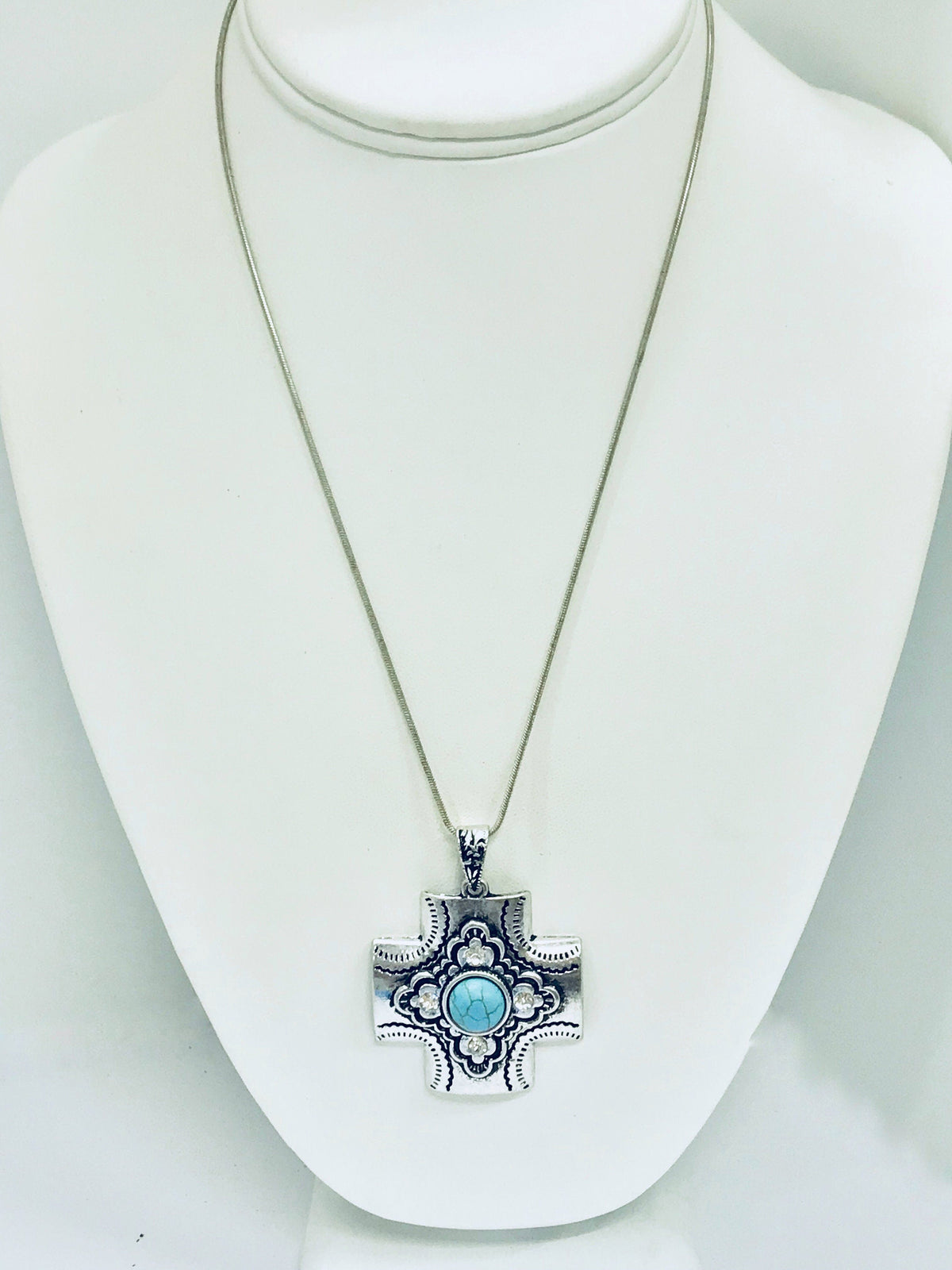 Southwestern Style Cross Necklace, Silvertone Cross Pendant, Christian Cowgirl, Chunky Cross Pendant, Gift For Her, Statement Necklace Gift
