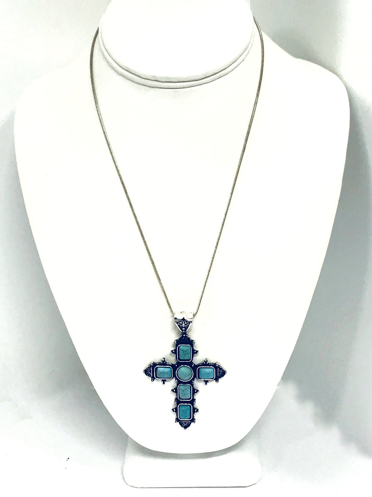 Southwestern Style Cross Necklace, Silvertone Turquoise Cross Pendant, Christian Cowgirl Statement Necklace, Chunky Cross, Gift For Her