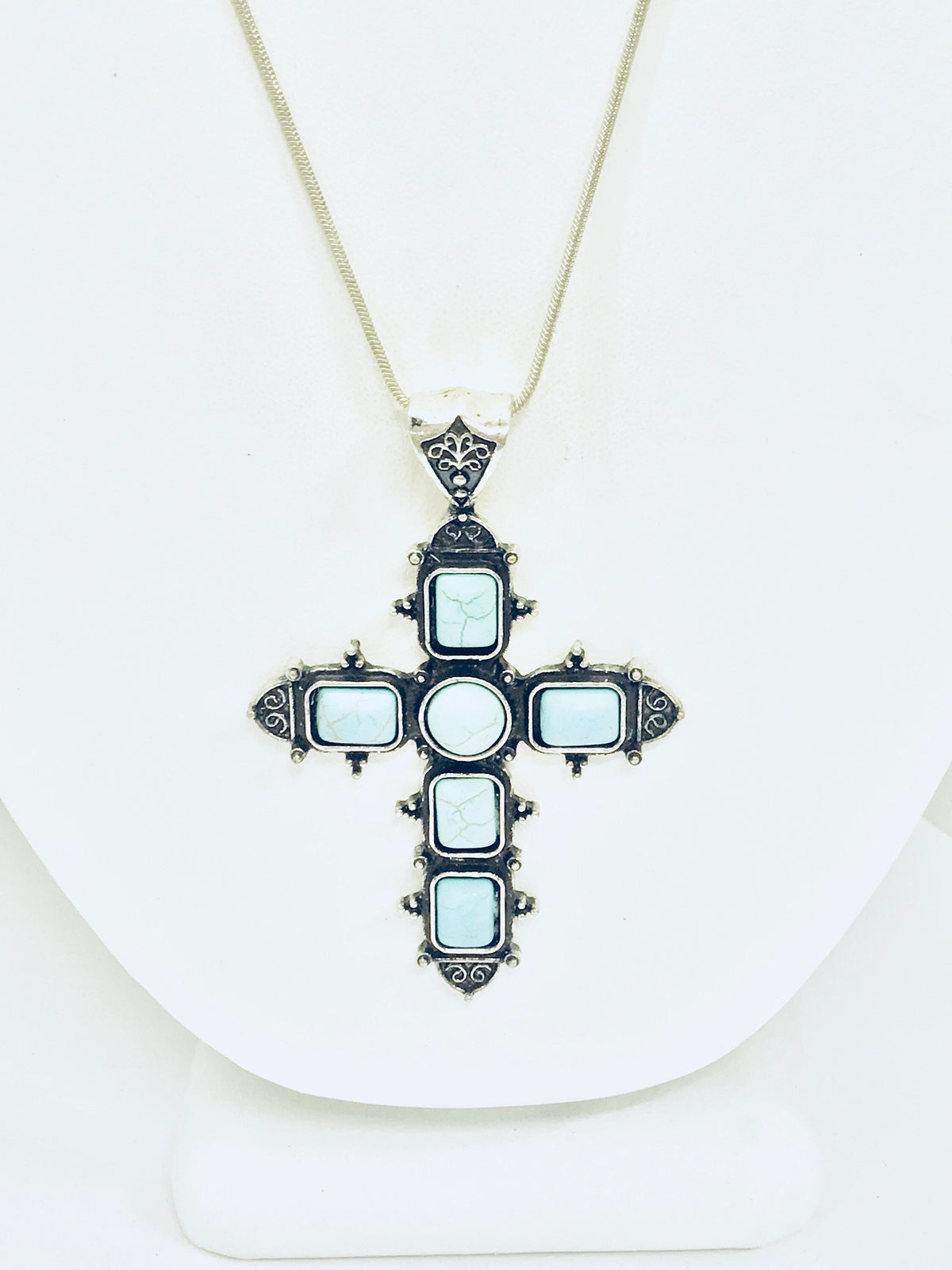 Southwestern Style Cross Necklace, Silvertone Turquoise Cross Pendant, Christian Cowgirl Statement Necklace, Chunky Cross, Gift For Her