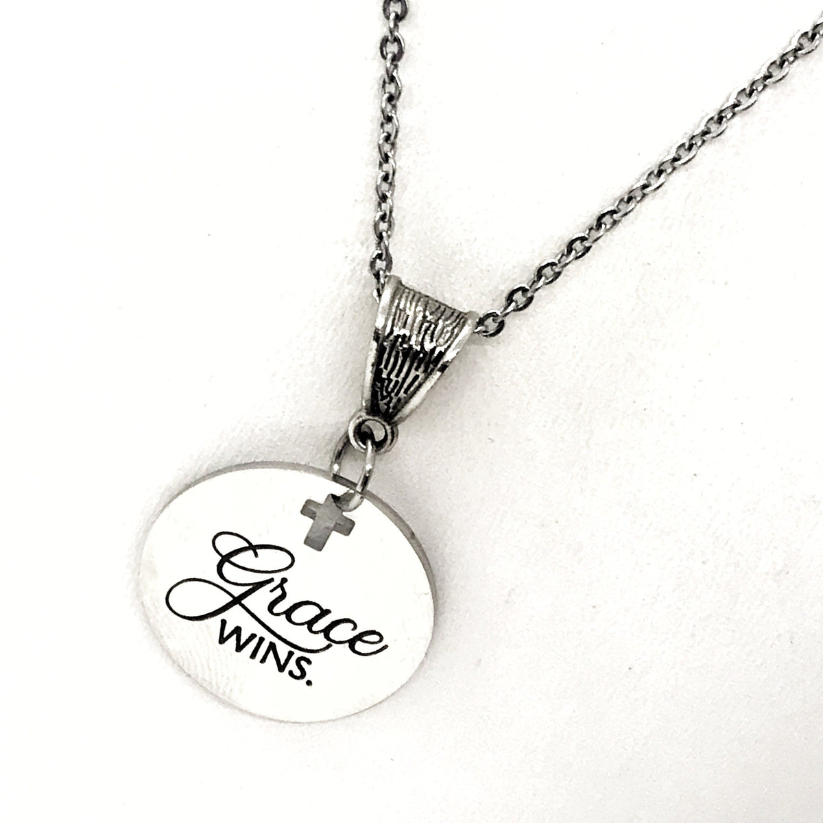 Grace Wins Stainless Steel Engraved Pendant Necklace With Cross Cutout By JKCE Designs