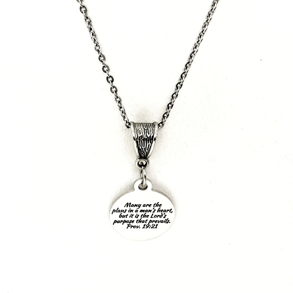 Proverbs 19 21 Necklace Engraved Scripture Charm Faith Jewelry Purpose Of The Lord Necklace