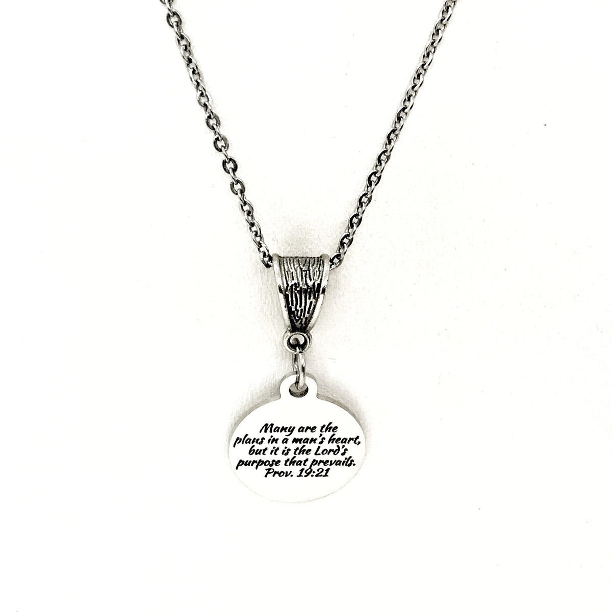 Proverbs 19 21 Necklace Engraved Scripture Charm Faith Jewelry Purpose Of The Lord Necklace