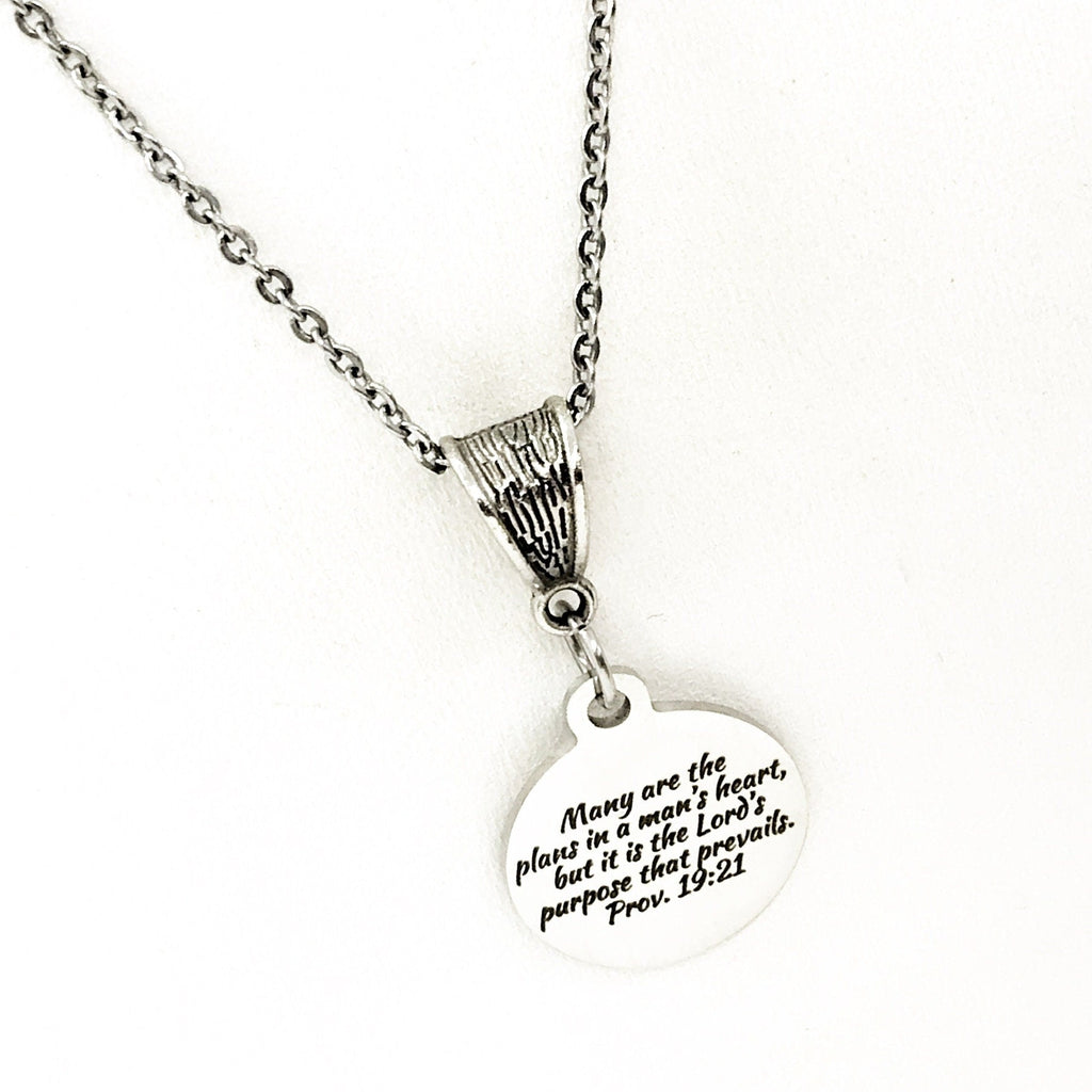 Proverbs 19 21 Necklace Engraved Scripture Charm Faith Jewelry Purpose Of The Lord Necklace