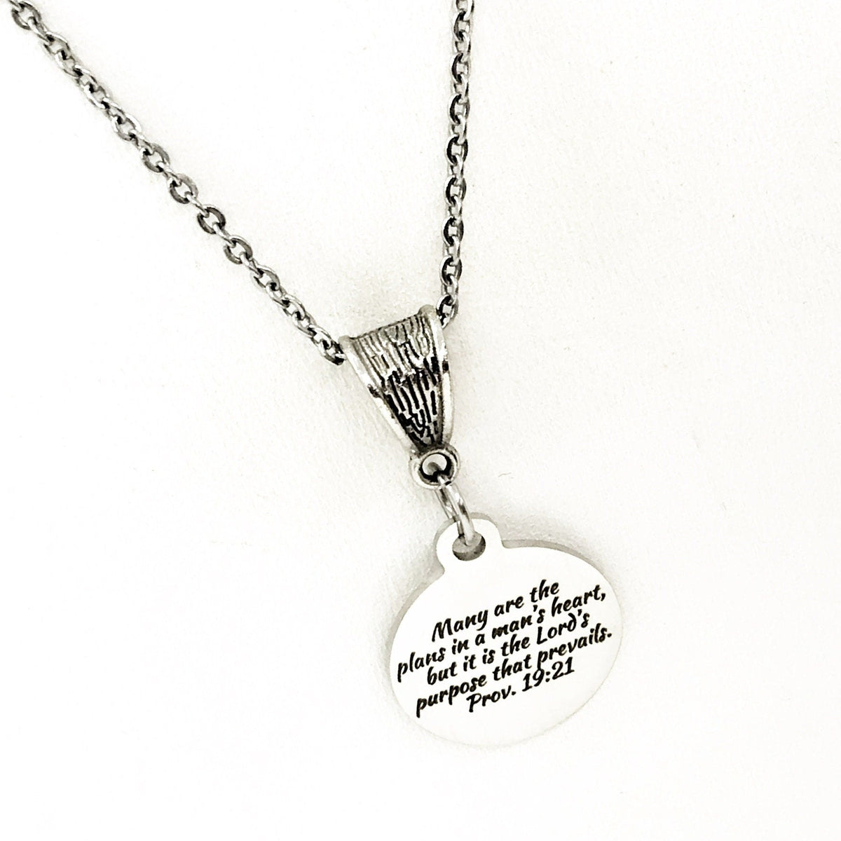 Proverbs 19 21 Necklace Engraved Scripture Charm Faith Jewelry Purpose Of The Lord Necklace