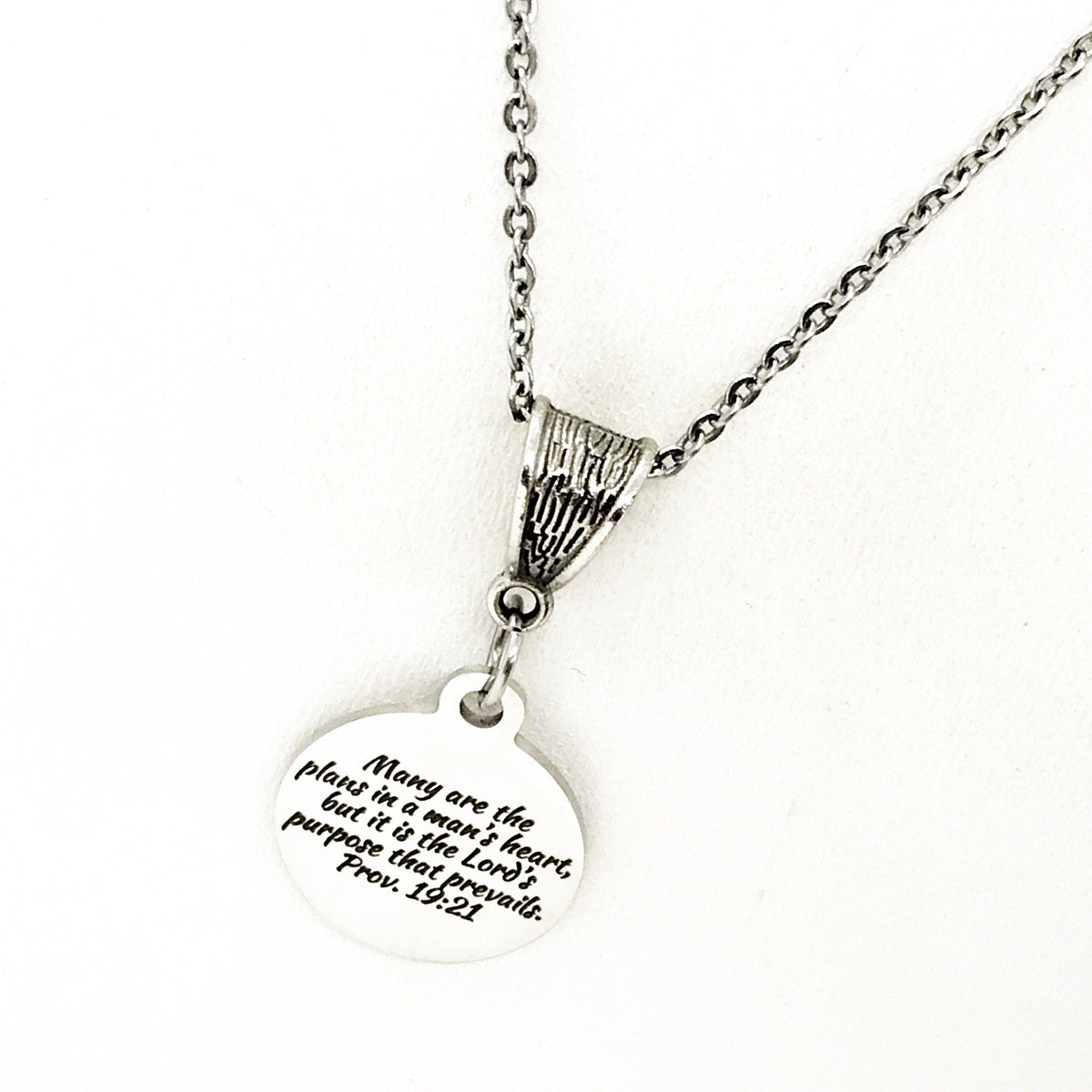 Proverbs 19 21 Necklace Engraved Scripture Charm Faith Jewelry Purpose Of The Lord Necklace