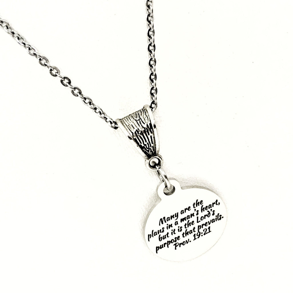 Proverbs 19 21 Necklace Engraved Scripture Charm Faith Jewelry Purpose Of The Lord Necklace