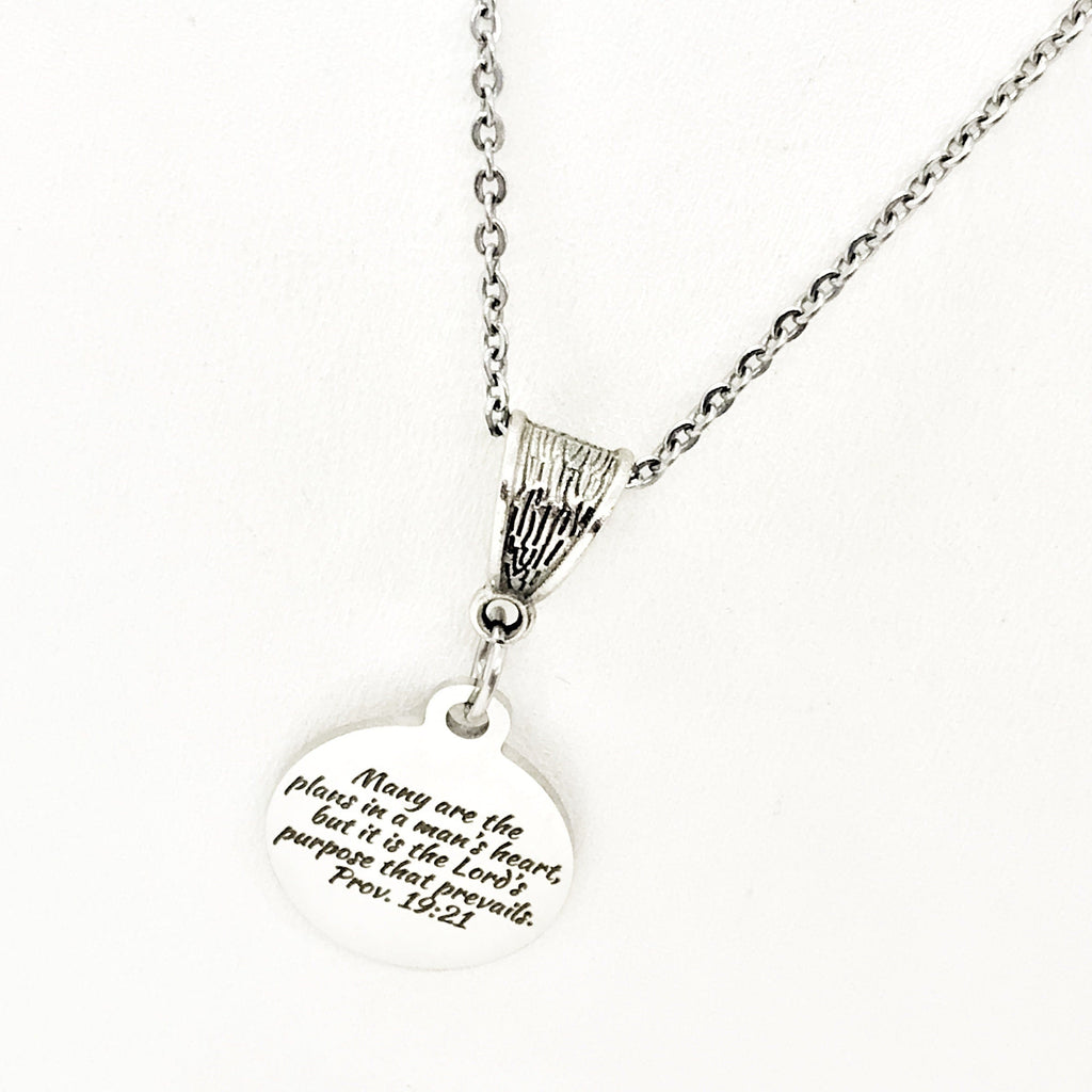 Proverbs 19 21 Necklace Engraved Scripture Charm Faith Jewelry Purpose Of The Lord Necklace