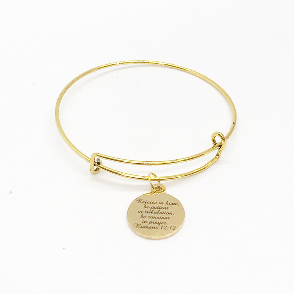 Scripture Jewelry, Rejoice In Hope Bracelet, Romans 12 12, Be Patient, Be Constant In Prayer, Stacking Bangle, Scripture Gift, Faith Gift