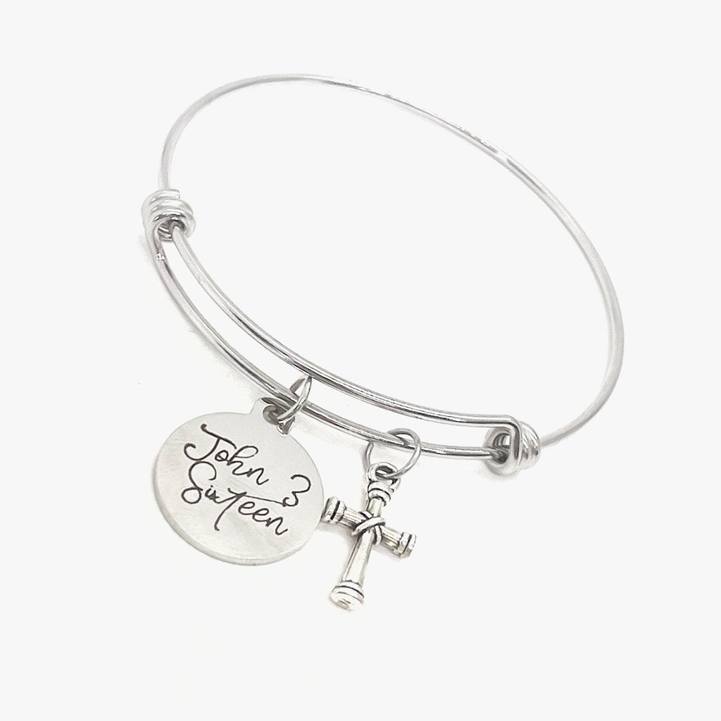 Faith Gift, John 3 Sixteen Bracelet, For God So Loved The World, Charm Bangle, Scripture Gifts, Salvation Verse, Baptism Gifts, Cross Charm