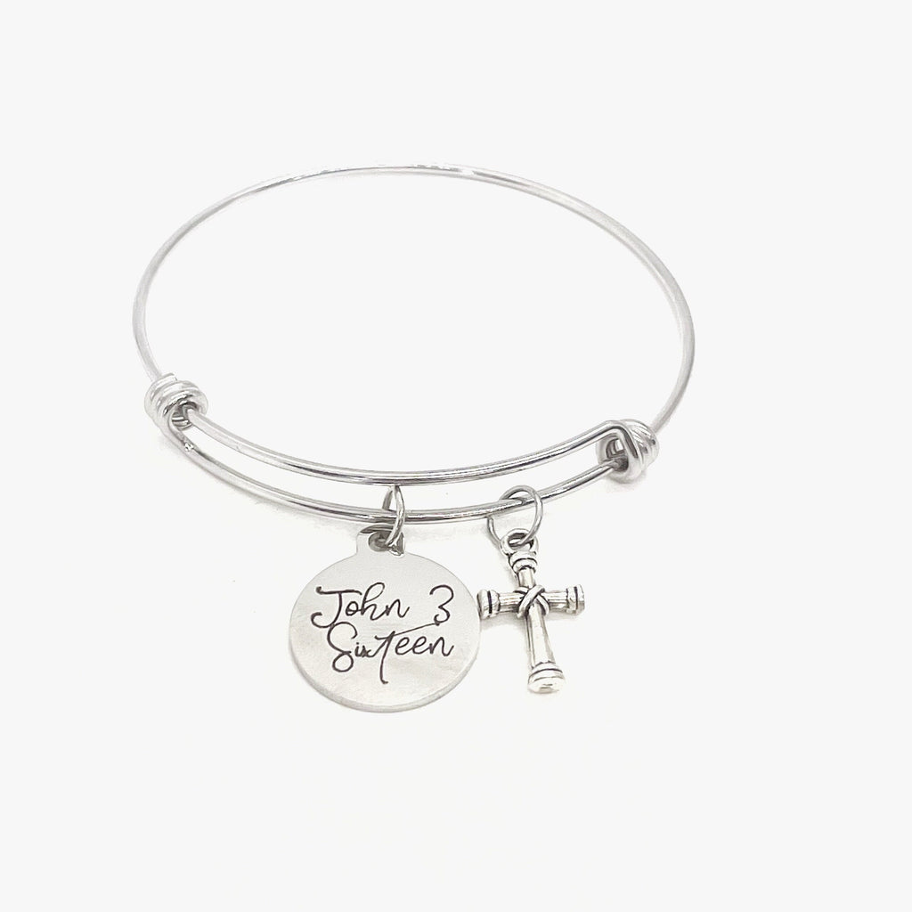 Faith Gift, John 3 Sixteen Bracelet, For God So Loved The World, Charm Bangle, Scripture Gifts, Salvation Verse, Baptism Gifts, Cross Charm