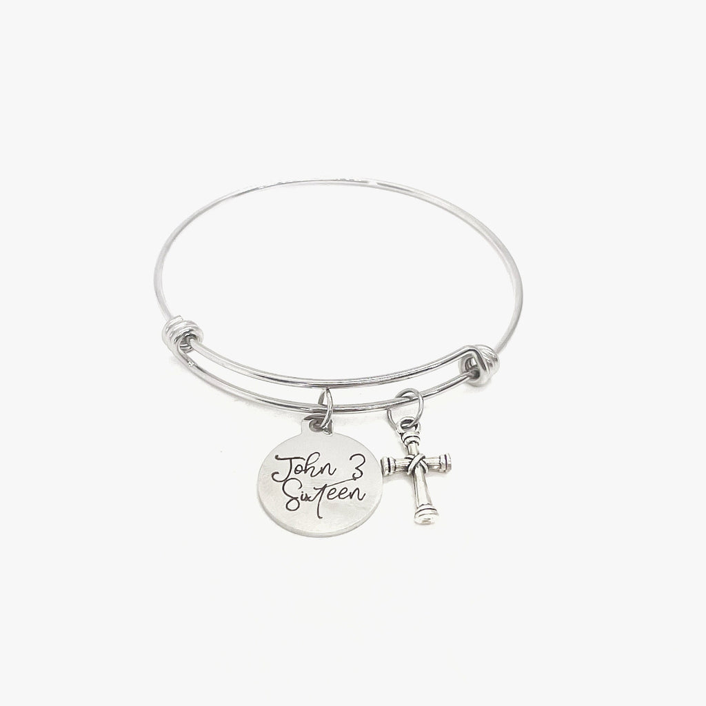 Faith Gift, John 3 Sixteen Bracelet, For God So Loved The World, Charm Bangle, Scripture Gifts, Salvation Verse, Baptism Gifts, Cross Charm