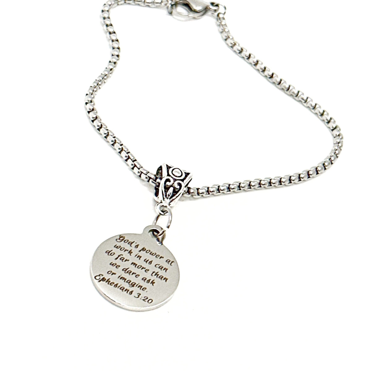 God's Power At Work charm bracelet, Ephesians 3:20 engraved charm on stainless box chain