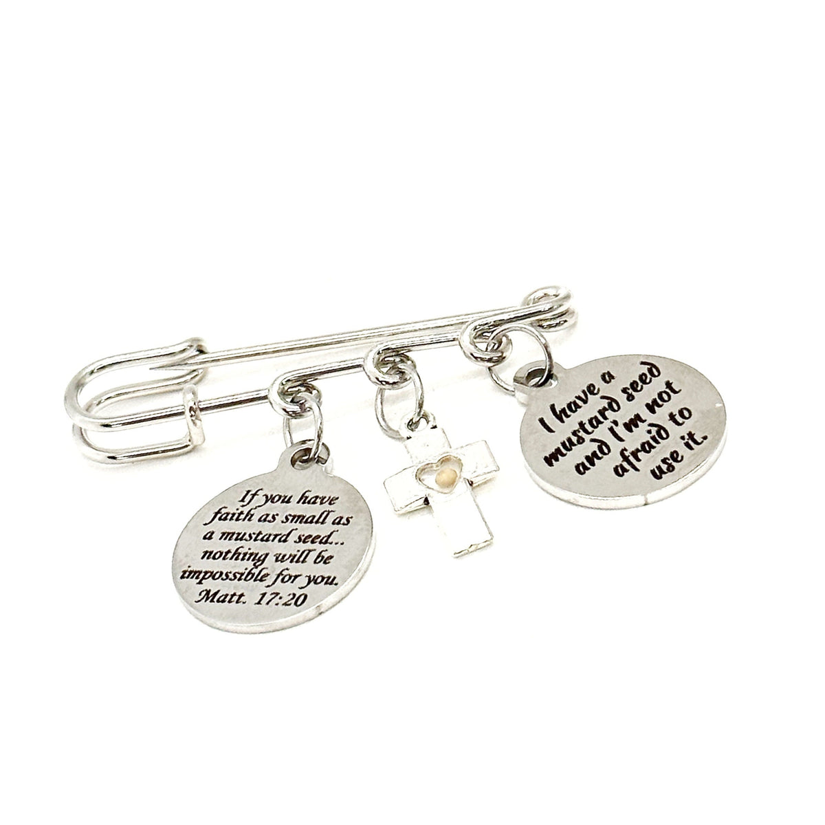 Mustard Seed Heart Cross Three Charm Brooch, Mustard Seed Pin, Faith Gifts, Christian Believer Gifts, Matthew 17 20, I Have A Mustard Seed