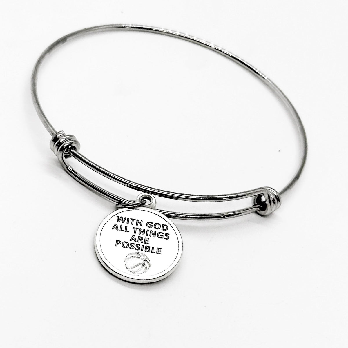 Saint Sebastian Patron Saint Of Sports Charm Bangle Bracelet, With God All Things Are Possible, Basketball Player, Daughter Gift For Her