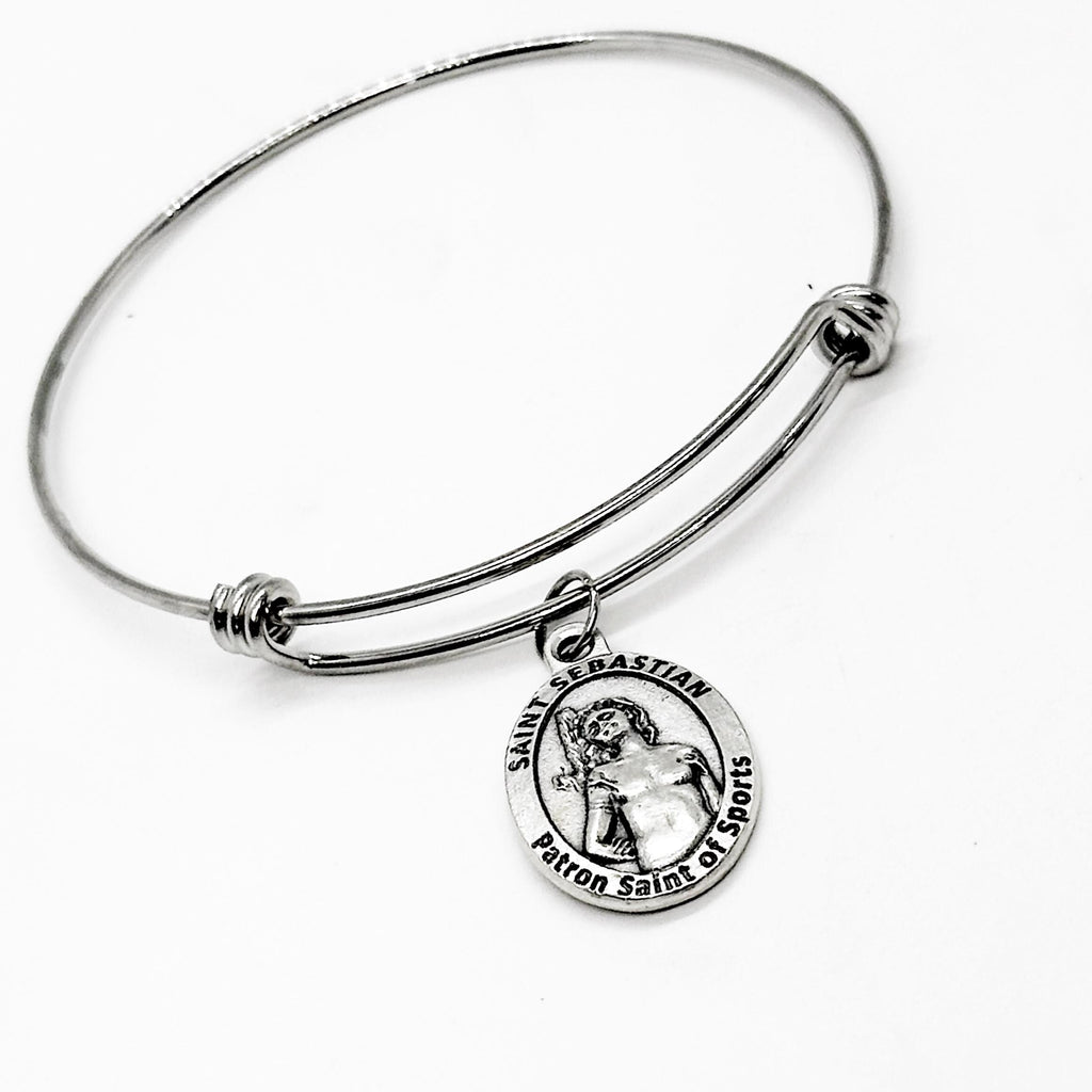 Saint Sebastian Patron Saint Of Sports Charm Bangle Bracelet, With God All Things Are Possible, Softball Player, Daughter Gift For Her