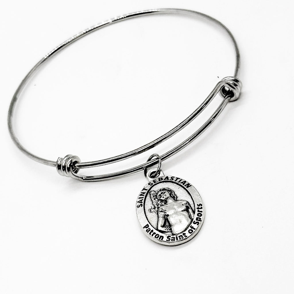 Saint Sebastian Patron Saint Of Sports Charm Bangle Bracelet, Golf Player, With God All Things Are Possible, Daughter Gift For Her