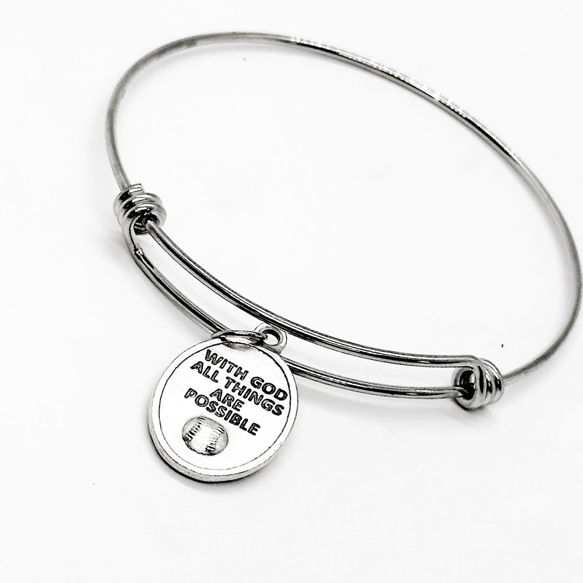 Saint Sebastian Patron Saint Of Sports Charm Bangle Bracelet, With God All Things Are Possible, Softball Player, Daughter Gift For Her