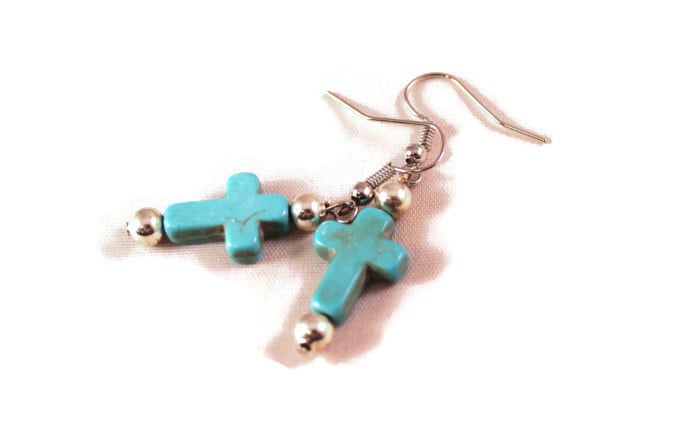 Turquoise Howlite Cross Earrings with Silvertone Beads -  Handmade Earrings; Handcrafted Jewelry; Upcycled Jewelry; Recycled Jewelry