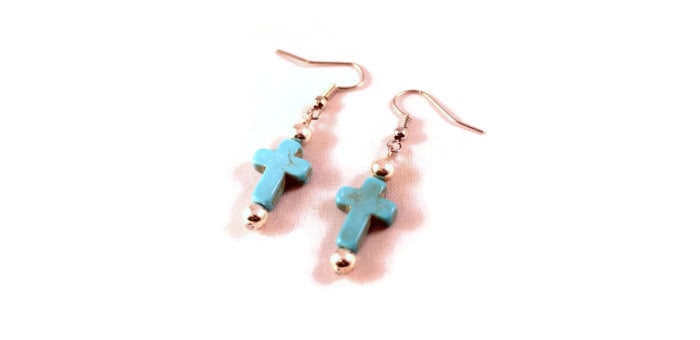 Turquoise Howlite Cross Earrings with Silvertone Beads -  Handmade Earrings; Handcrafted Jewelry; Upcycled Jewelry; Recycled Jewelry
