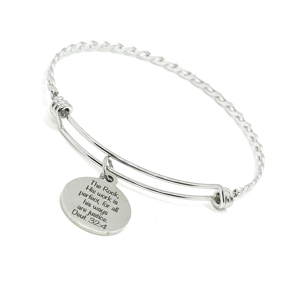 Gods Ways Are Perfect Charm Bangle Bracelet, Deuteronomy 32 4, God Is The Rock, Strength, Stability, Truth And Justice, Lawyer, Judge Gift