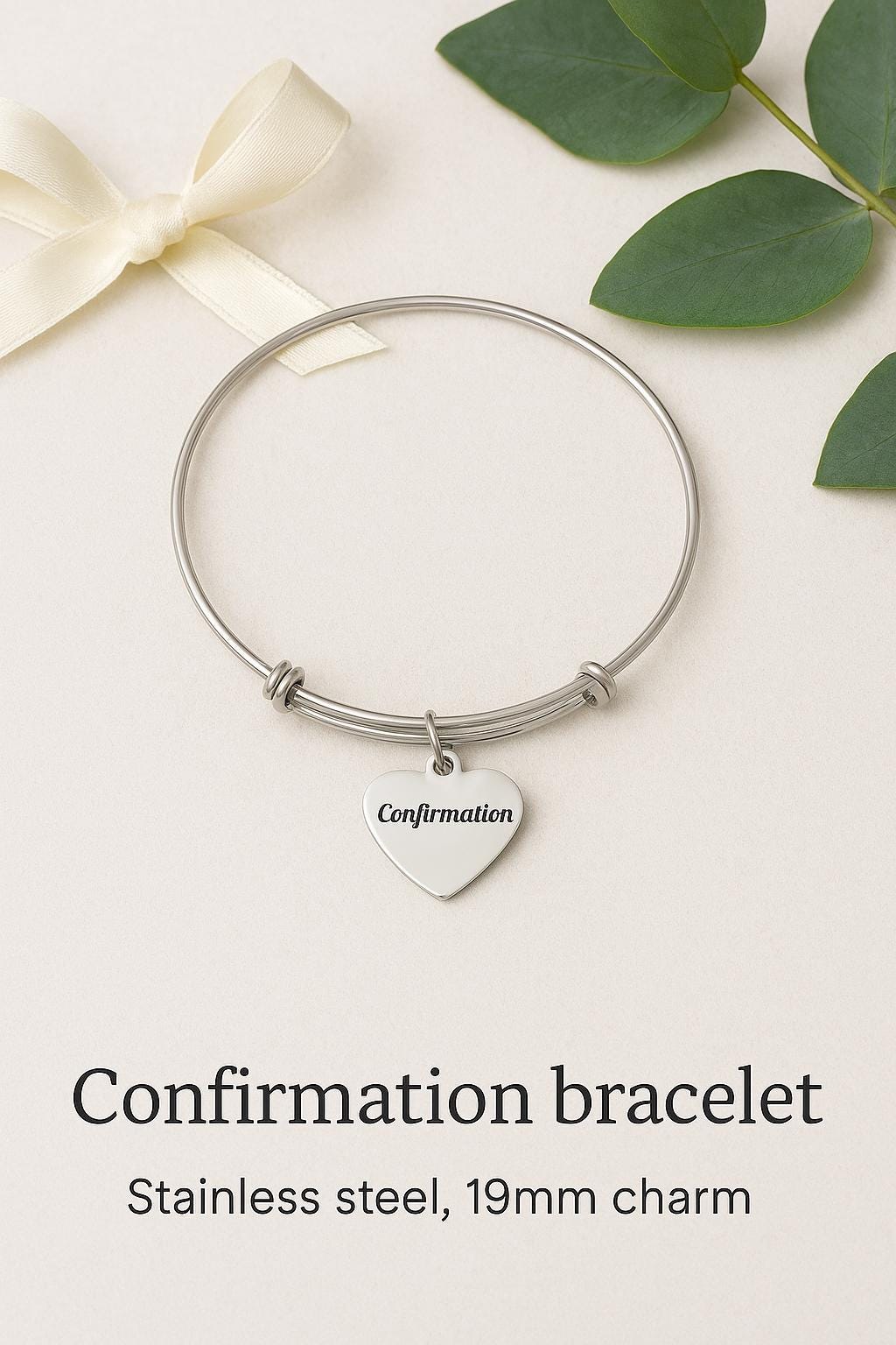 Stainless Steel Confirmation Bracelet, Heart Charm Jewelry Religious Gift Faith Jewelry Confirmation Day Keepsake Inspirational Bangle