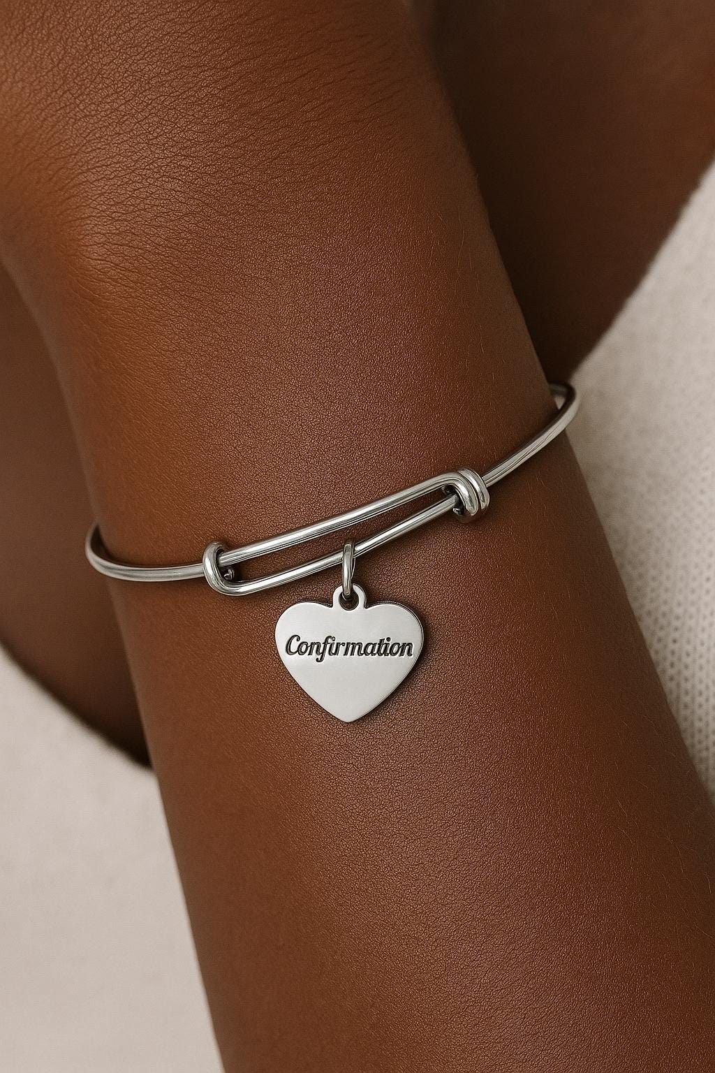 Stainless Steel Confirmation Bracelet, Heart Charm Jewelry Religious Gift Faith Jewelry Confirmation Day Keepsake Inspirational Bangle