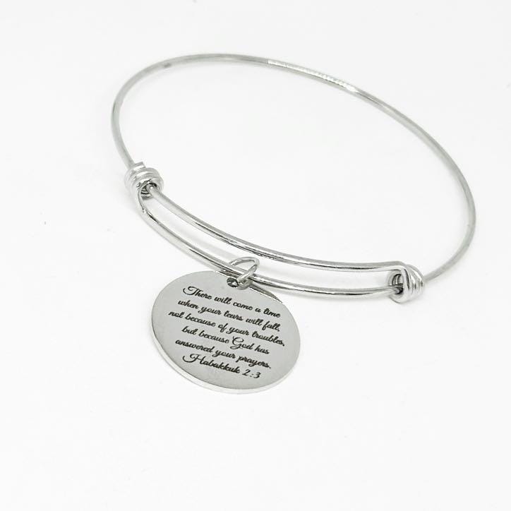 Faith Inspirational Habakkuk 2 3 Bible Verse Bracelet Stainless Steel Engraved Charm Christian Gift Religious Jewelry For Women Joyful Tears