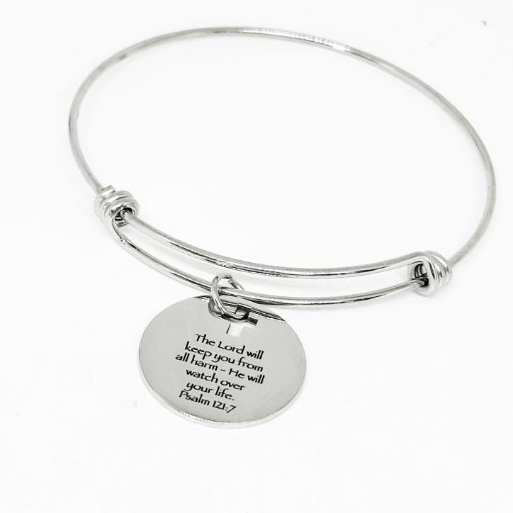 Psalm 121 7 Bracelet The Lord Will Keep You From Harm Stainless Steel Engraved Charm Cross Cut Out Christian Faith Jewelry Gift