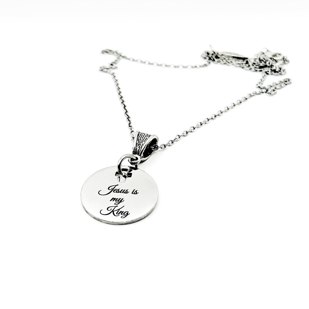 Jesus Is My King Necklace Stainless Steel Engraved Pendant With Cross Cut Out Christian Faith Jewelry From JKCE Designs Inspirational Gift