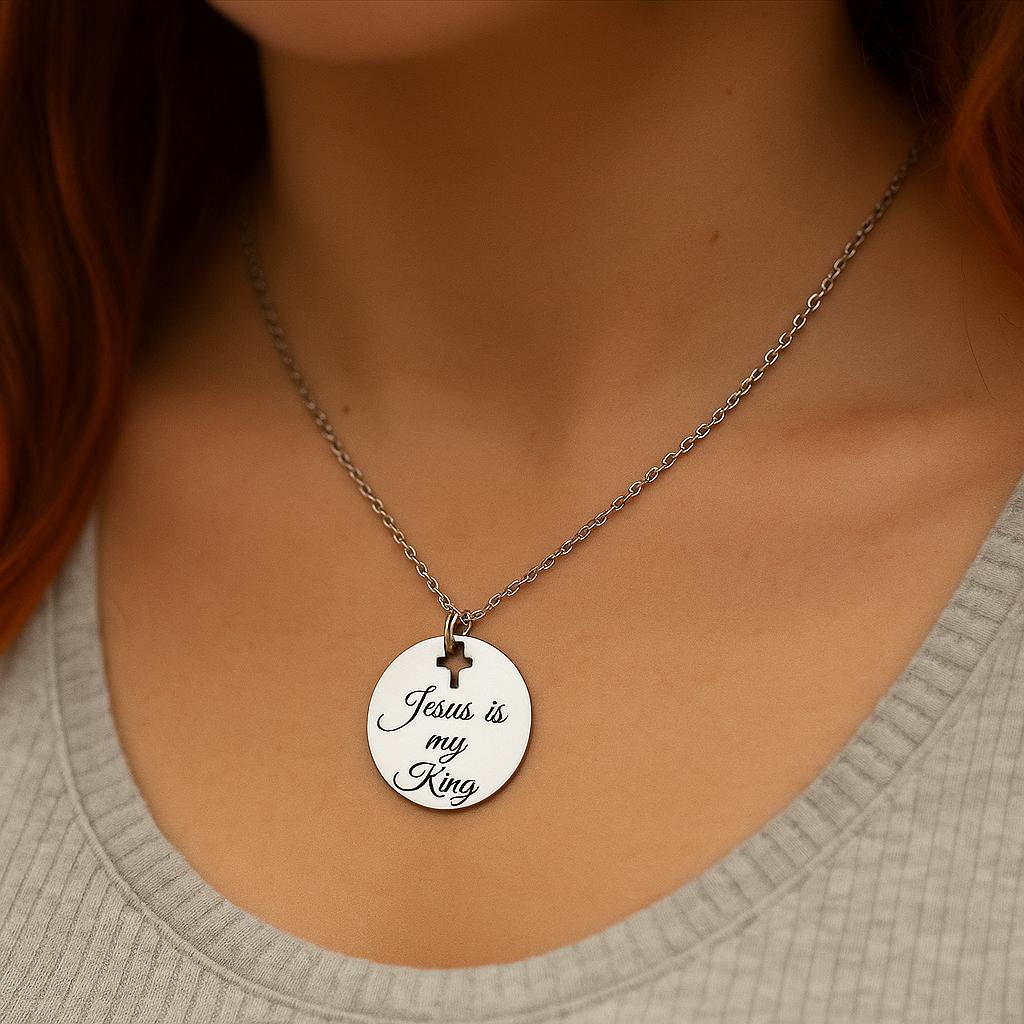 Jesus Is My King Necklace Stainless Steel Engraved Pendant With Cross Cut Out Christian Faith Jewelry From JKCE Designs Inspirational Gift