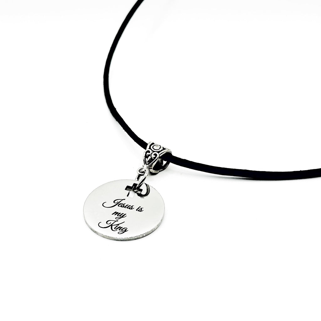 Jesus Is My King Leather Cord Necklace Stainless Steel Engraved Pendant With Cross Cut Out Christian Jewelry Faith Gift For Men Women