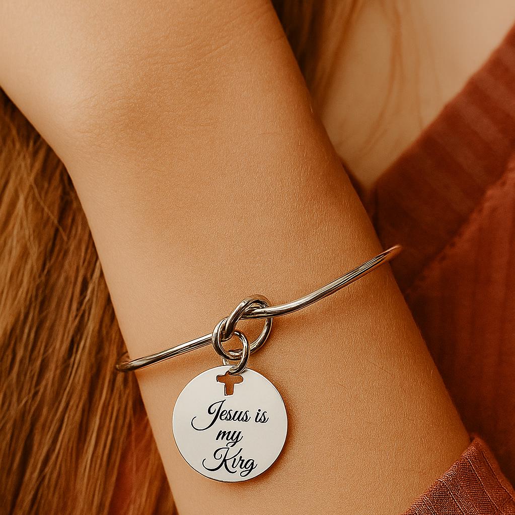 Jesus Is My King Cuff Bracelet With Stainless Steel Engraved Charm Silver Plated Faith Jewelry From JKCE Designs Inspirational Gift