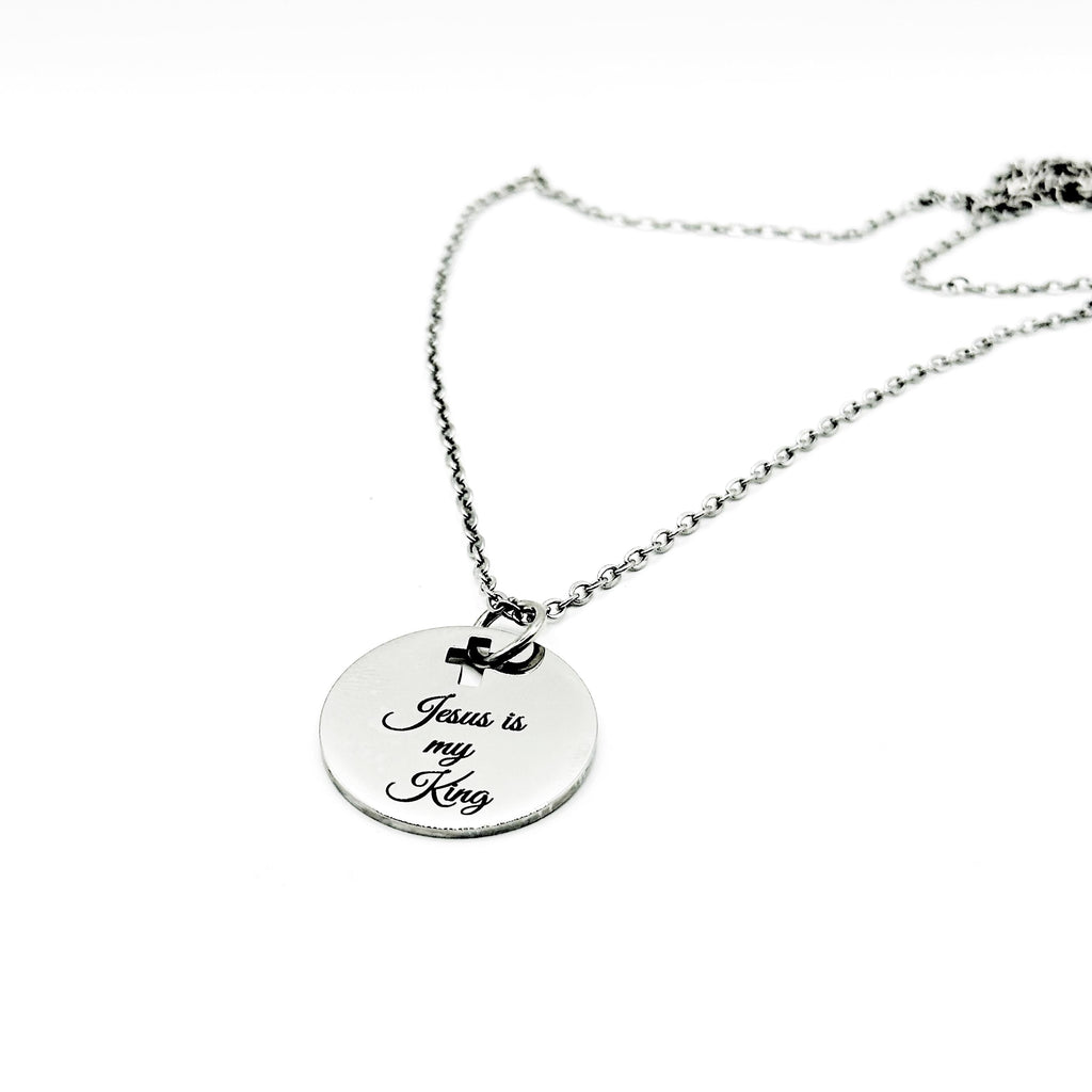 Jesus Is My King Necklace Stainless Steel Engraved Pendant With Cross Cut Out Christian Faith Jewelry From JKCE Designs Inspirational Gift