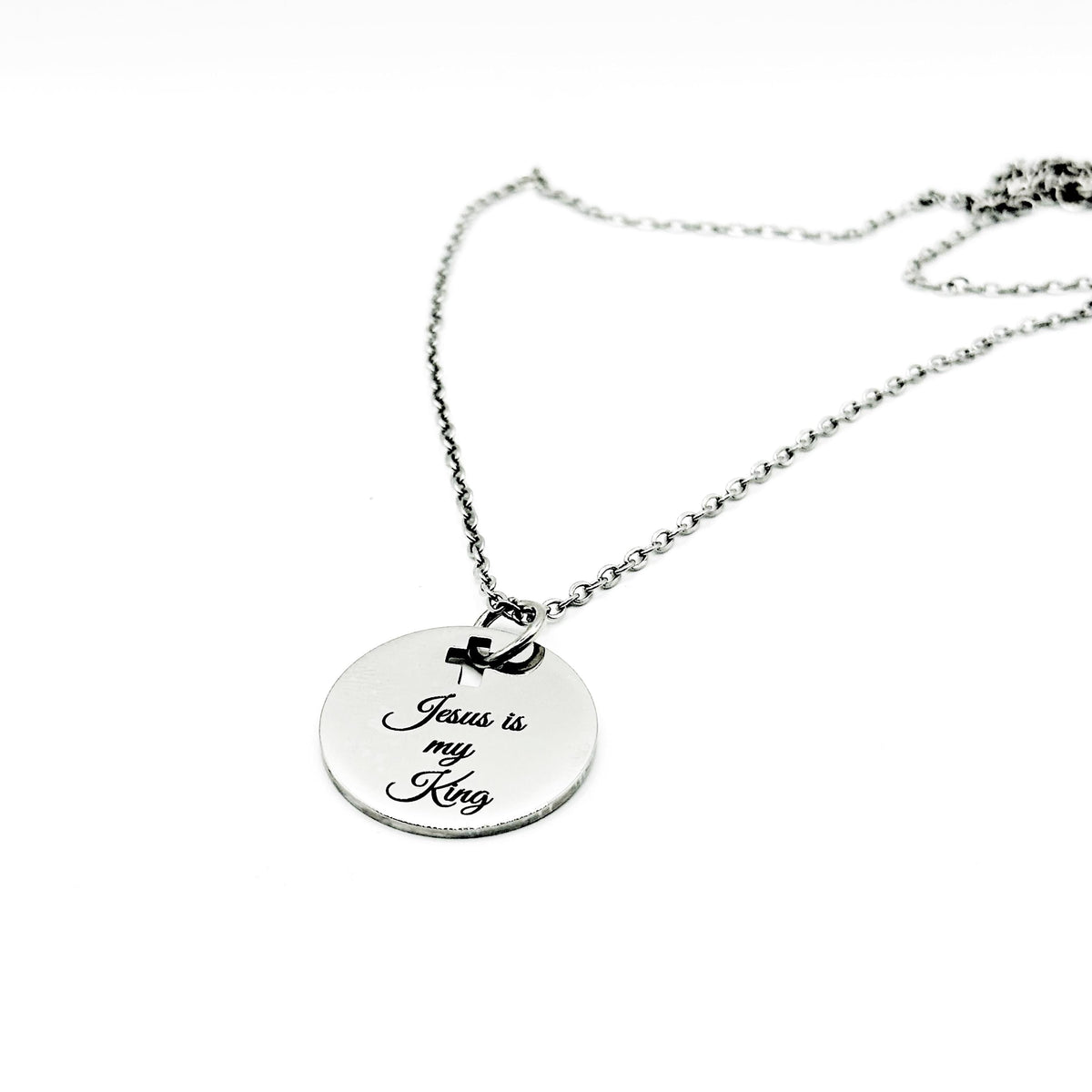 Jesus Is My King Necklace Stainless Steel Engraved Pendant With Cross Cut Out Christian Faith Jewelry From JKCE Designs Inspirational Gift
