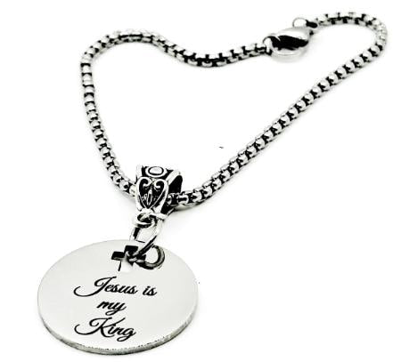 Jesus Is My King Bracelet Stainless Steel Box Chain Engraved Charm With Cross Cut Out Faith Jewelry Gift From JKCE Designs